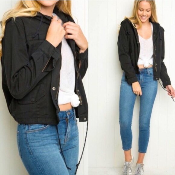 BRANDY MELVILLE Hailey Zip Hood Jacket Black Womens One Size Brandi Cotton - Picture 1 of 6